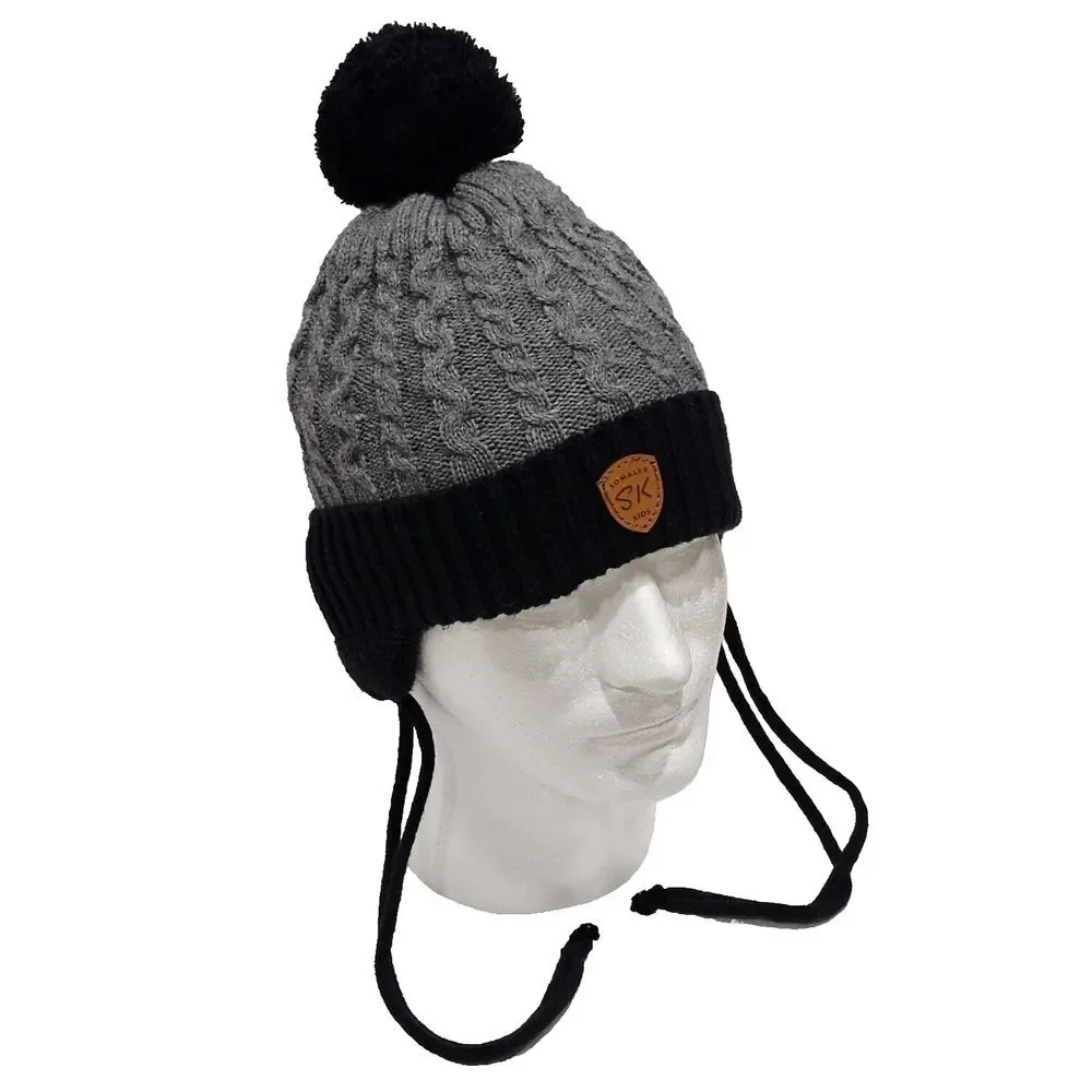 Somaler‎ Kids SK Beanie Toque (Strings & Pom Pom) Gray Black One Size Fits Most